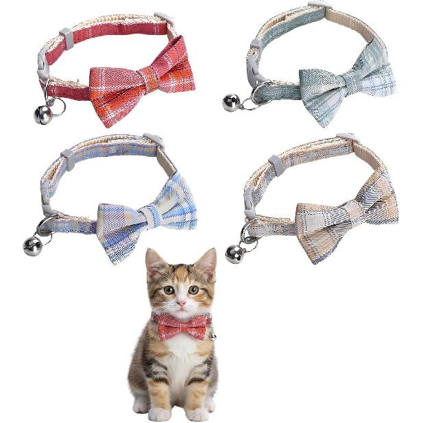 4 Pack Bow Tie Cat Collar,Cat Collars with Bow Tie, Stylish and Comfortable, Made of Durable Polyester, Red Plaid, Green Plaid, Beige Plaid, Blue