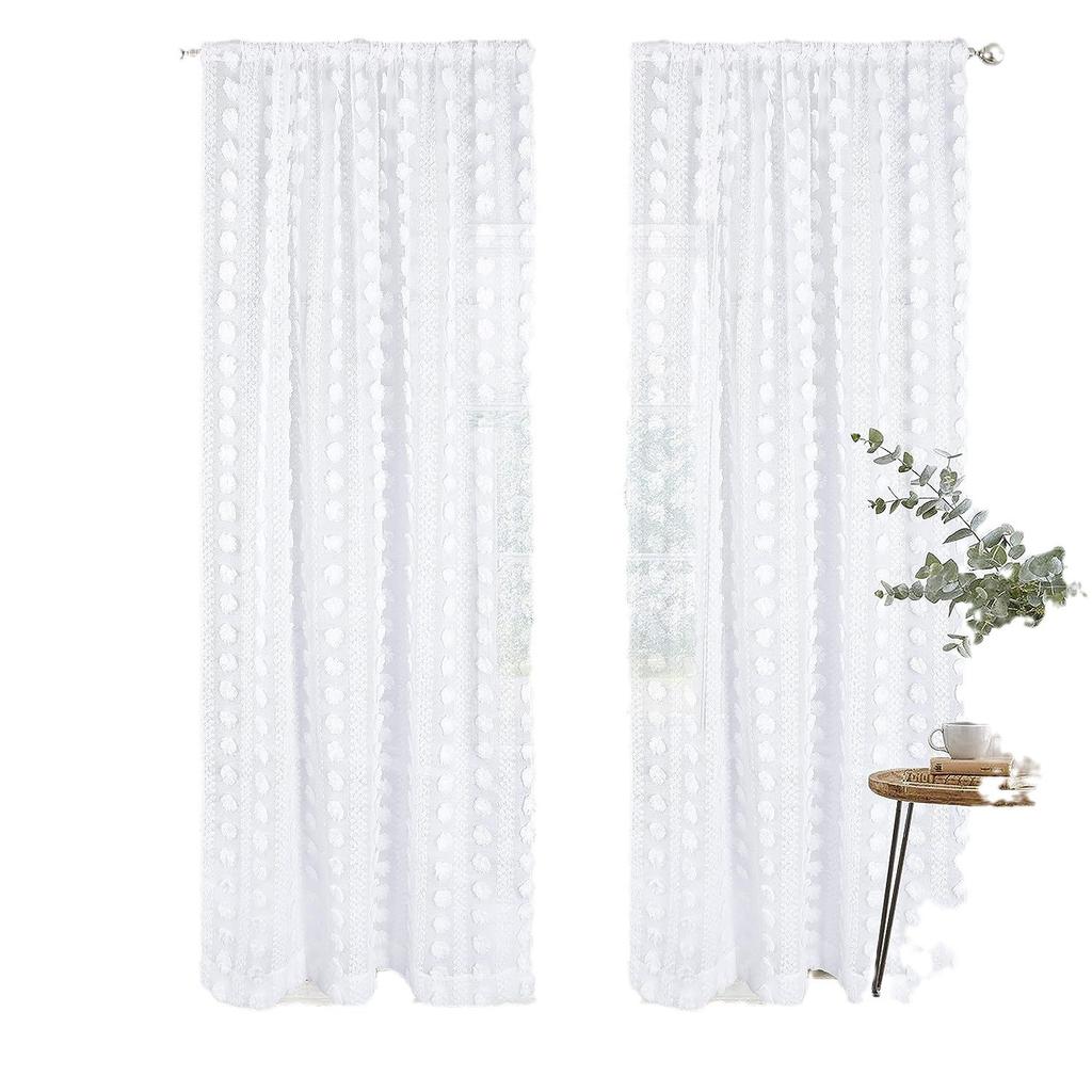 Finished Curtains Tufted Cursing Hair Ball Solid Color Pink Living Room Bay Window No Punching Through Rod Curtain