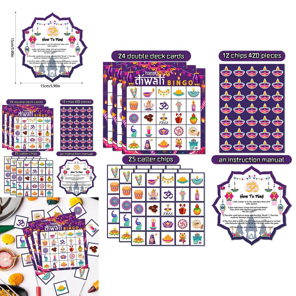 Diwali Festival Bingo Card Game Set With Stickers Call Cards For Family Celebration