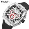 Megir Quartz Watch for Men Waterproof Silicone Strap Fashion Tonneau Case Chronograph Sport Wristwatch with Date Luminous Hands