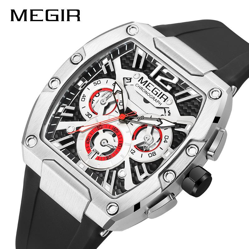 Megir Quartz Watch for Men Waterproof Silicone Strap Fashion Tonneau Case Chronograph Sport Wristwatch with Date Luminous Hands