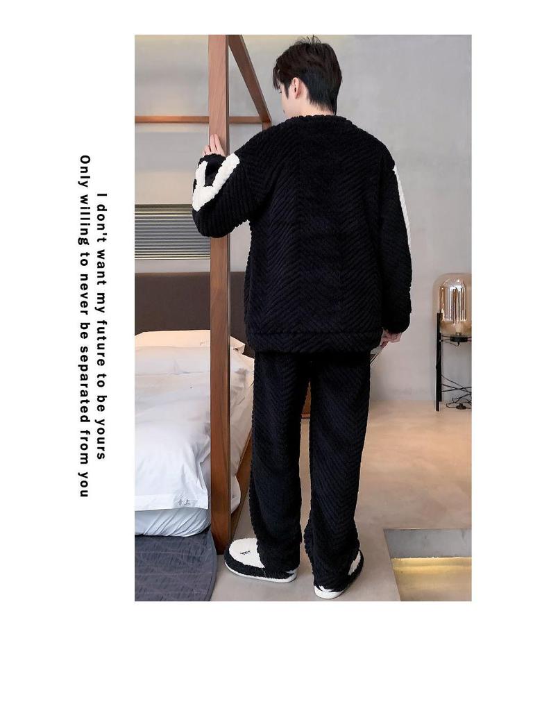 Men's Thick Coral Fleece Flannel Pajama Set - Warm Autumn/Winter Homewear