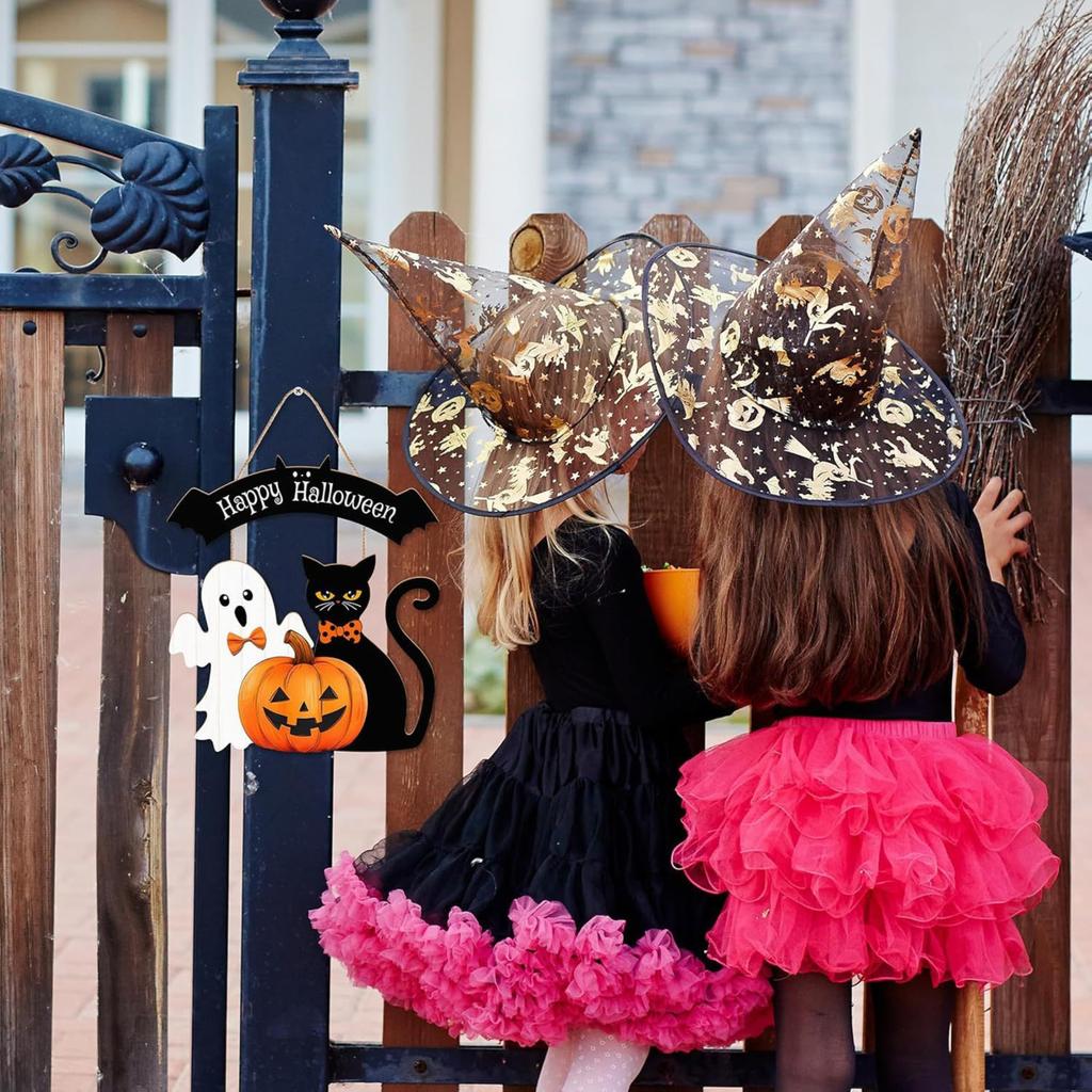 Halloween Wooden Pumpkin Welcome Sign for Front Door Wall Window Hanging Home Decor
