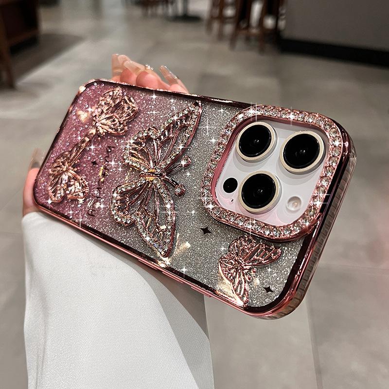 

Flash Diamond Butterfly Suitable for Apple 17promax Mobile Phone Case New Iphone16 High End Sense 14 Women 13 Silicone 15 iPhone 12promax