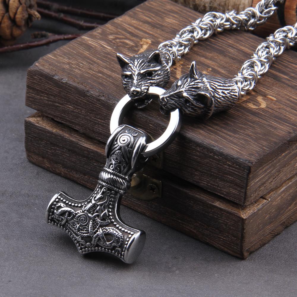 Stainless Steel Wolf Head Thor Hammer Mjolnir Viking Necklace Handmade Chain with Wooden Box Gift for Boyfriend