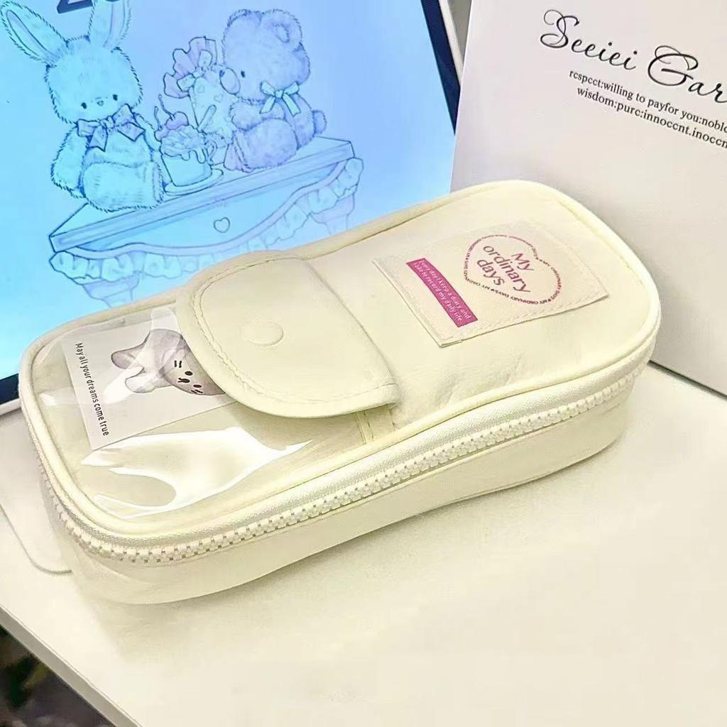 Cute Japanese Ins Small Fresh Simple Pencil Case Art Retro Large Capacity Girl Pen Bag with Clear Card Pocket Heart Shape Zipper