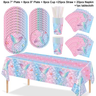 Meerjungfrauenparty Einweggeschirr Arielle Schwanz Pappteller Servietten Mädchen Geburtstagsparty Dekoration Zubehör Babyparty