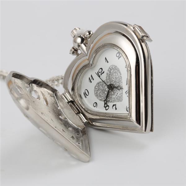 Hollow Heart-Shaped Pocket Watch Necklace Pendant Chain Women