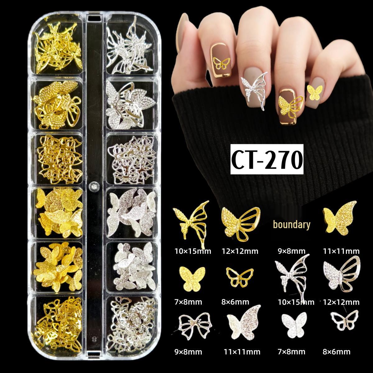 

12-Grid Mixed Style Alloy Nail Art Decorations: Gold/Silver-Plated, Star of David, Butterfly, Chrome, Rose Flower Metal Stickers