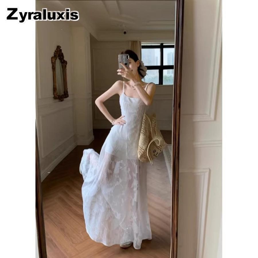 Summer New French Fresh Sweet Strappy Dress for Women Beach Vacation Outfit High Waist Midi Skirt