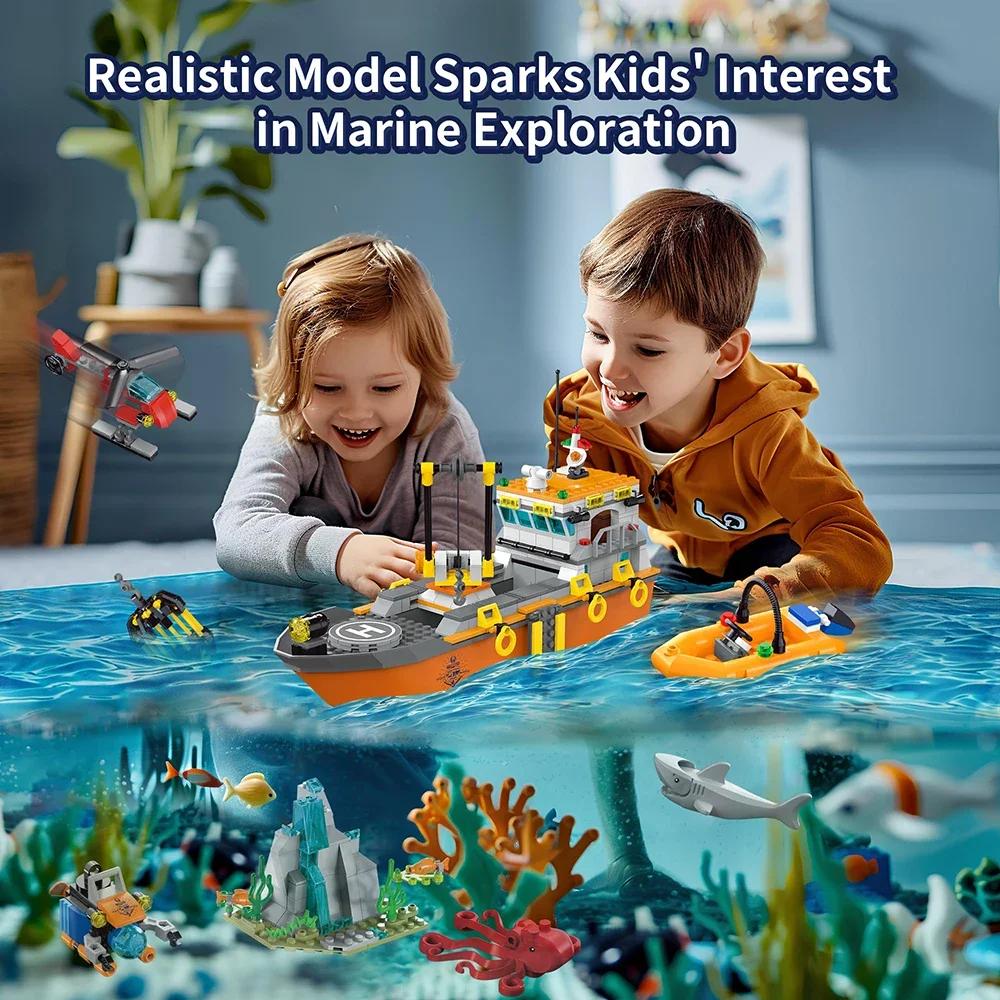 City Ocean Explorer Ship Building Set Fun Toy Boat Building Block Kit with LED Lights Helicopter Submarine and Shark Cage
