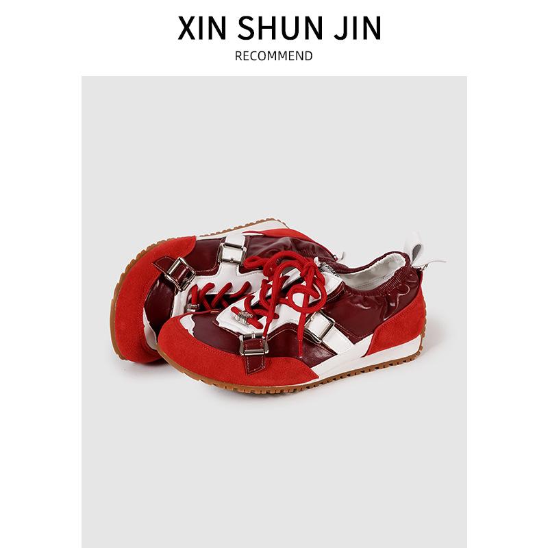 Zhao Zhaoyi of the Same Style~ Platform Leather Retro Red Forrest Gump Shoes Round Head Casual Shoes Women's Training Shoes Sports Shoes