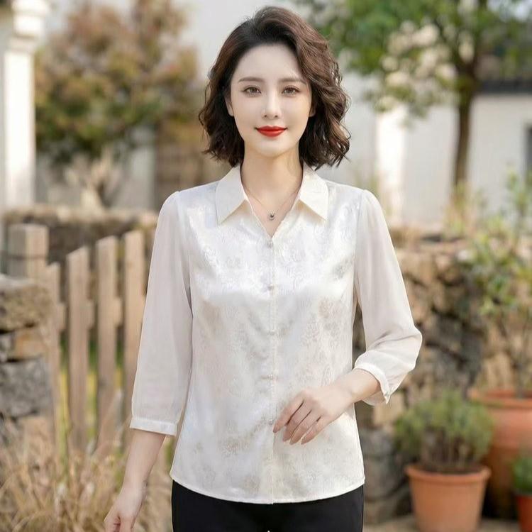 

2026 Stylish Chiffon Blouse for Middle-Aged & Elderly Women - Fashionable Three-Quarter Sleeve Slimming Top XL (120-135 lbs) слонова кістка