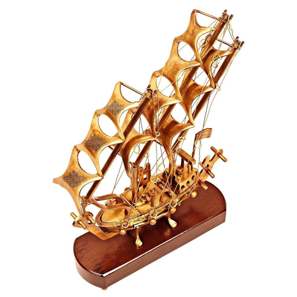 Brass Ship with Wooden Base, Showpiece Item, Perfect for Home Decoration and Gifting, 12'' Inch