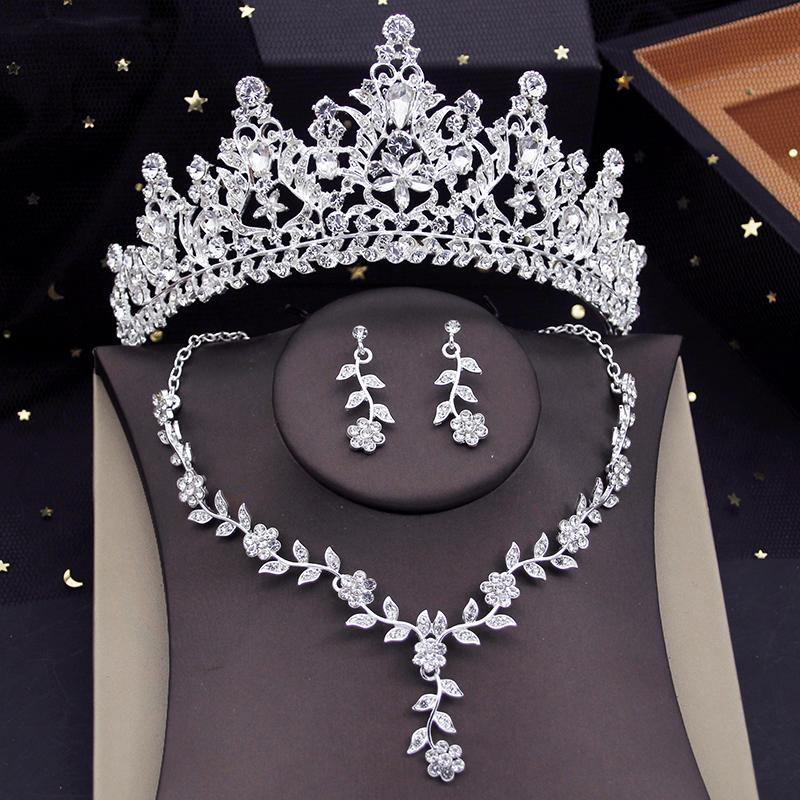 Flower Crown Bridal Jewelry Sets for Women Tiaras Evening Necklace Earring Set Wedding Choker Bride Jewelry Set Accessory