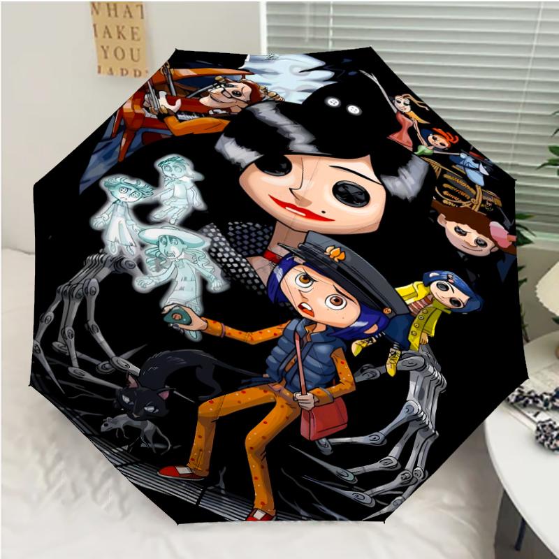 Coraline Print Automatic Umbrella, 8 Rib Iron Frame, Plastic Handle, Suitable for Outdoor Travel &Daily , Ideal Gift
