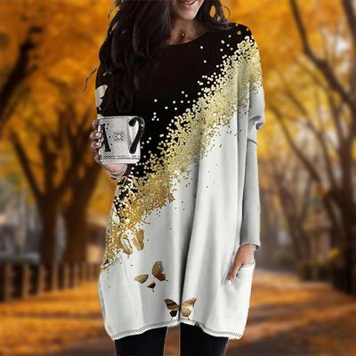 Nuovo In Autunno Abito Taglie Forti con Stampa Colorata di Farfalle Donna Girocollo Maniche Lunghe Casual Abiti con Tasche