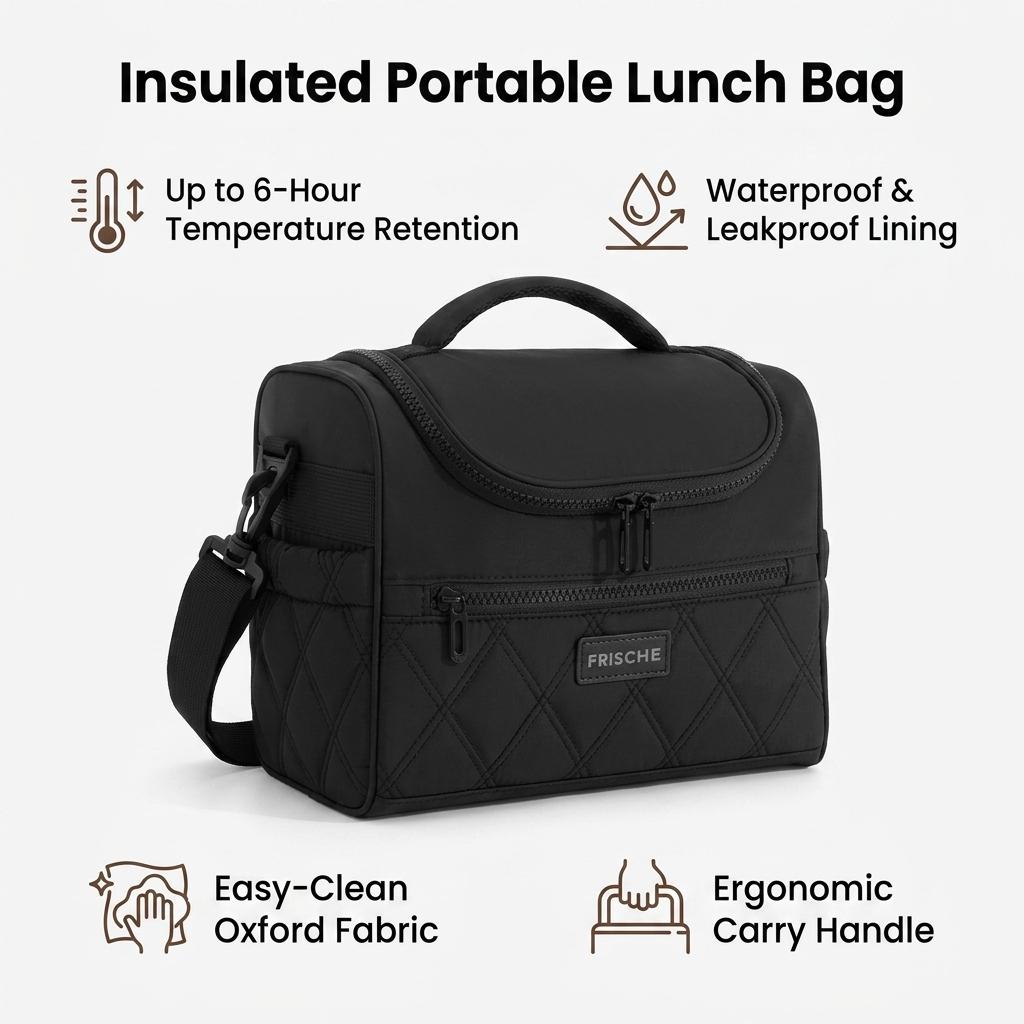 Lunch Bag for Work Picnic Portable Insulated Food Carrier Bag with Waterproof-Lining and Multiple Compartments