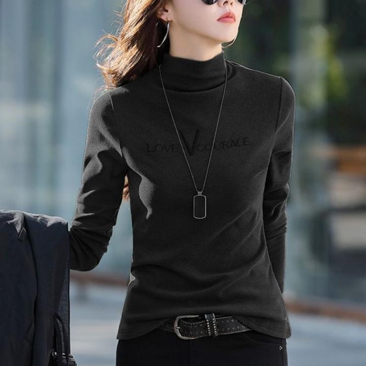 Winter Women Warm Blouse Turtleneck Letter Embroidery Pullovers Thick Bottoming Shirt for Women
