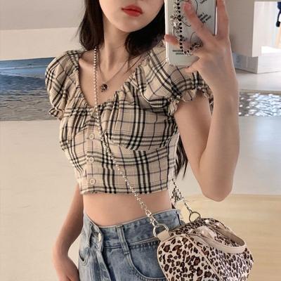 Blouse Women Shirt Plaid Short Shirt Women's Puff Sleeve Short Shirt 2022 Summer Blusas Mujer