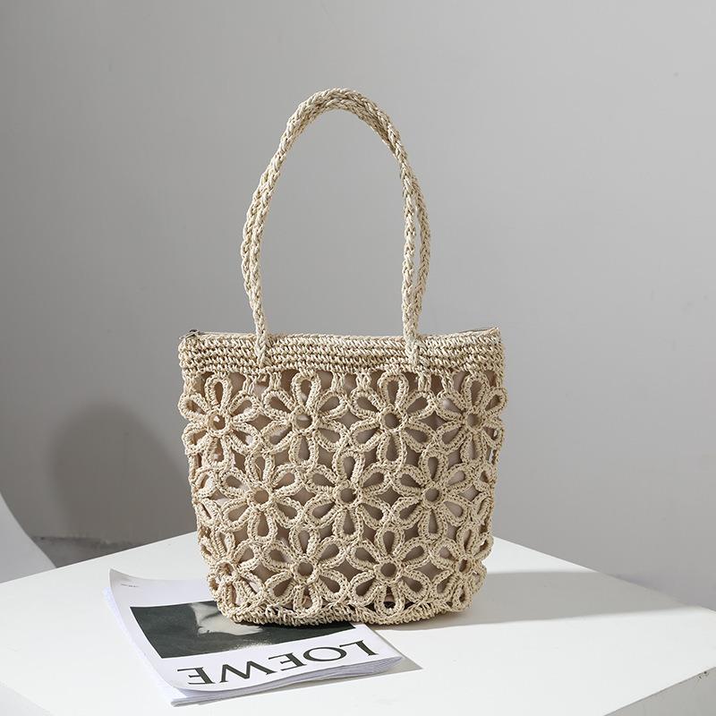 New straw bag hollow flower straw bag woven bag women's bag shoulder portable seaside vacation beach bag rattan bag