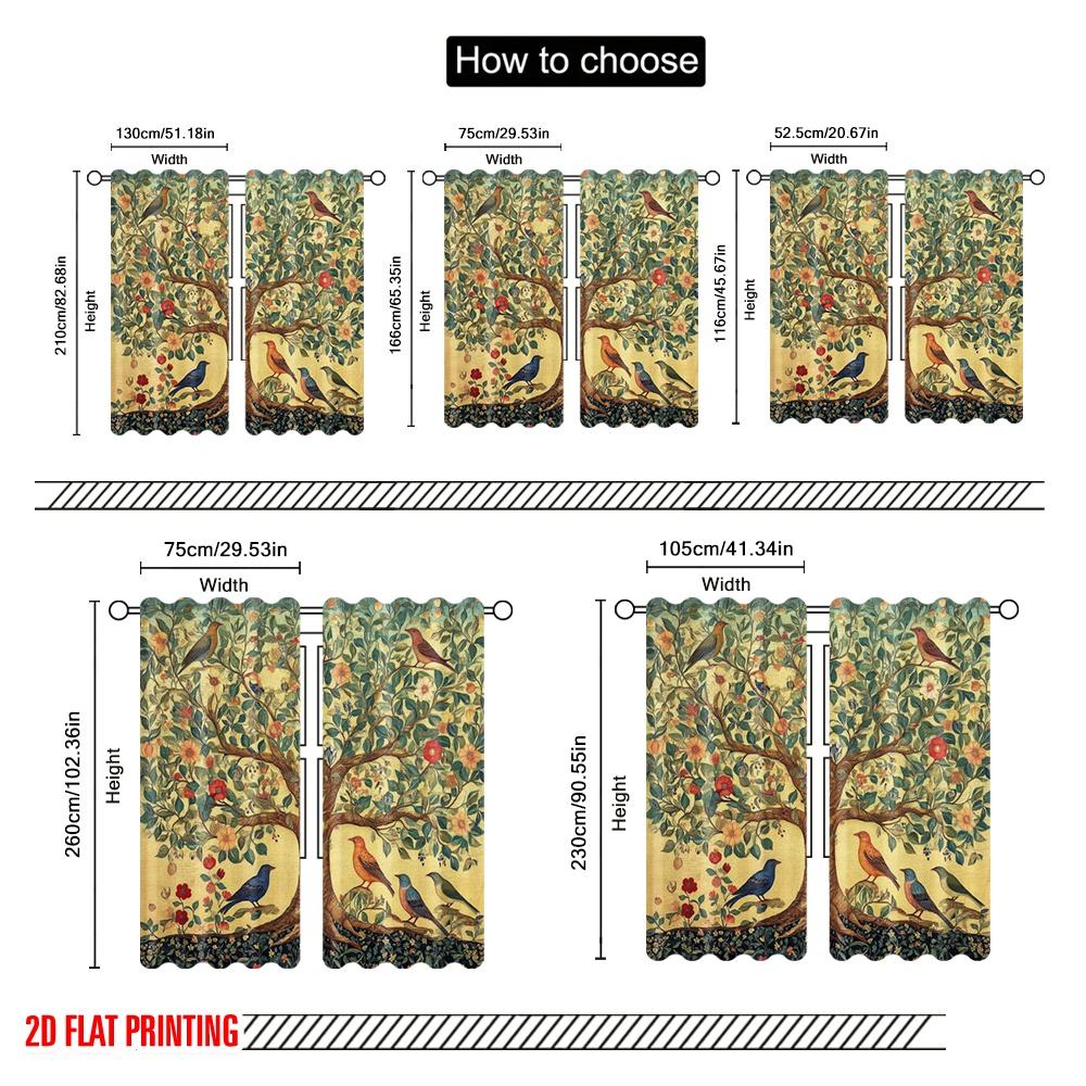 2pcs,2D Plane Printing Curtain Fabric Birdsong Blossom Polyester (without Rod) Room Decor Perfect for Living Room & Kitchen