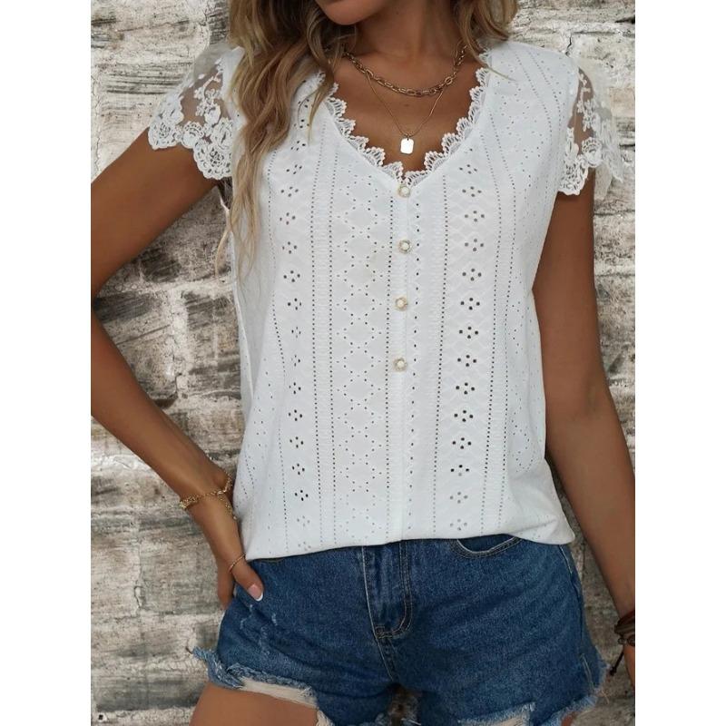 

New, fashionable loose solid color lace V-neck short-sleeved T-shirt top S белый