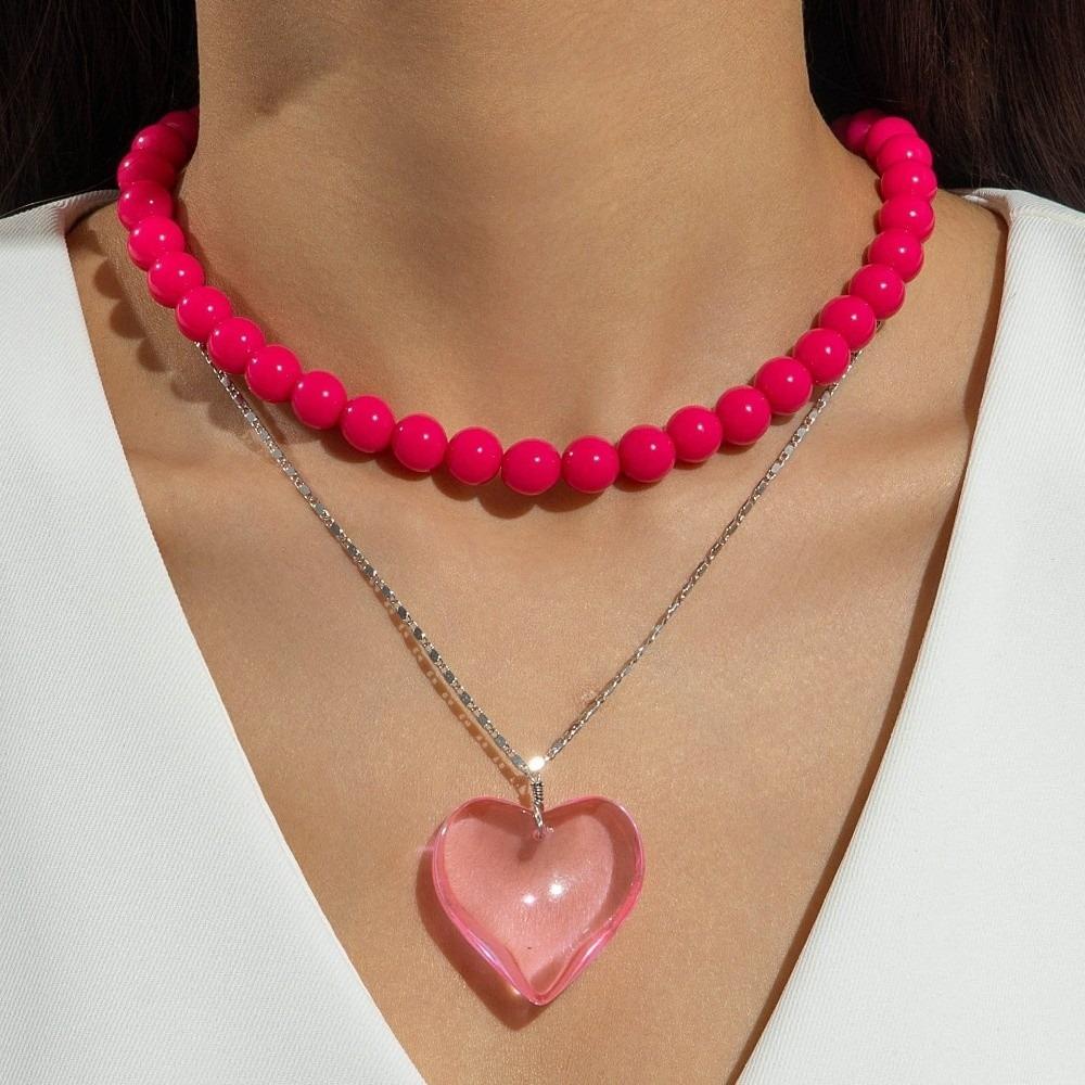 Adjustable Heart-shaped Pendant Necklace Metal Acrylic Round Bead Necklace For Women