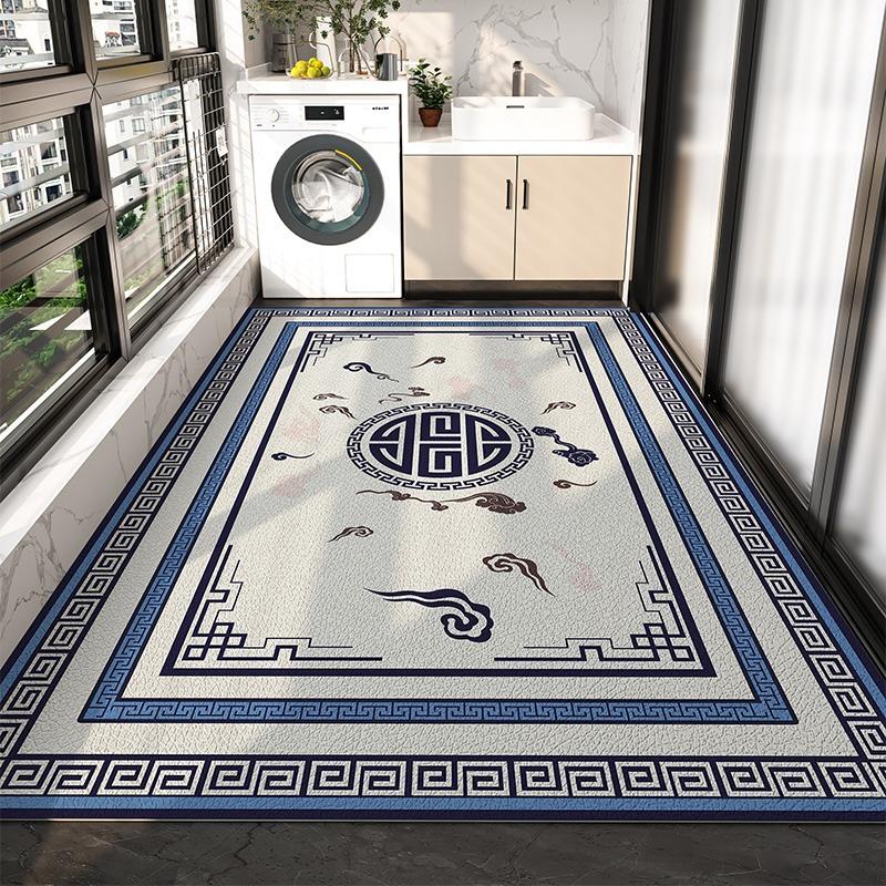 Balcony Waterproof Floor Mat Large Gray Carpet Pvc Leather Non-slip Rug New Chinese Style Retro Home Decoration Rugs for Kitchen