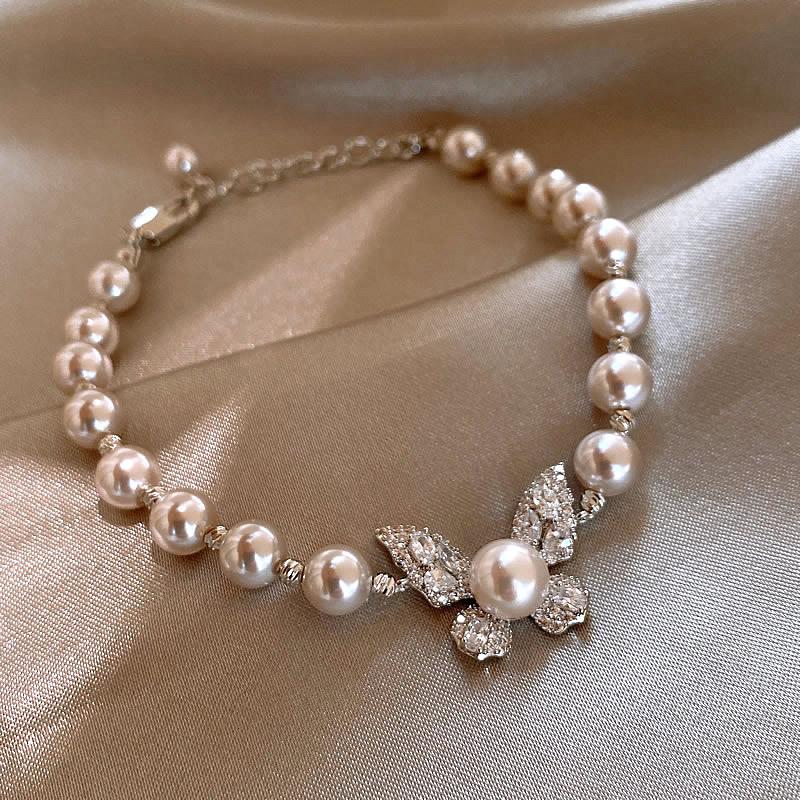 Manta Rose Shijia Pearl Bracelet Necklace Set Women'S French Micro-Inlaid Zircon Butterfly Bracelet Niche Neck Chain