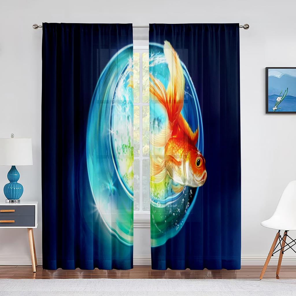Koi Fish Ink Painting Goldfish Sheer Voile Curtains Window Treatment Chiffon Tulle Curtain for Kitchen Living Room Bedroom Drape
