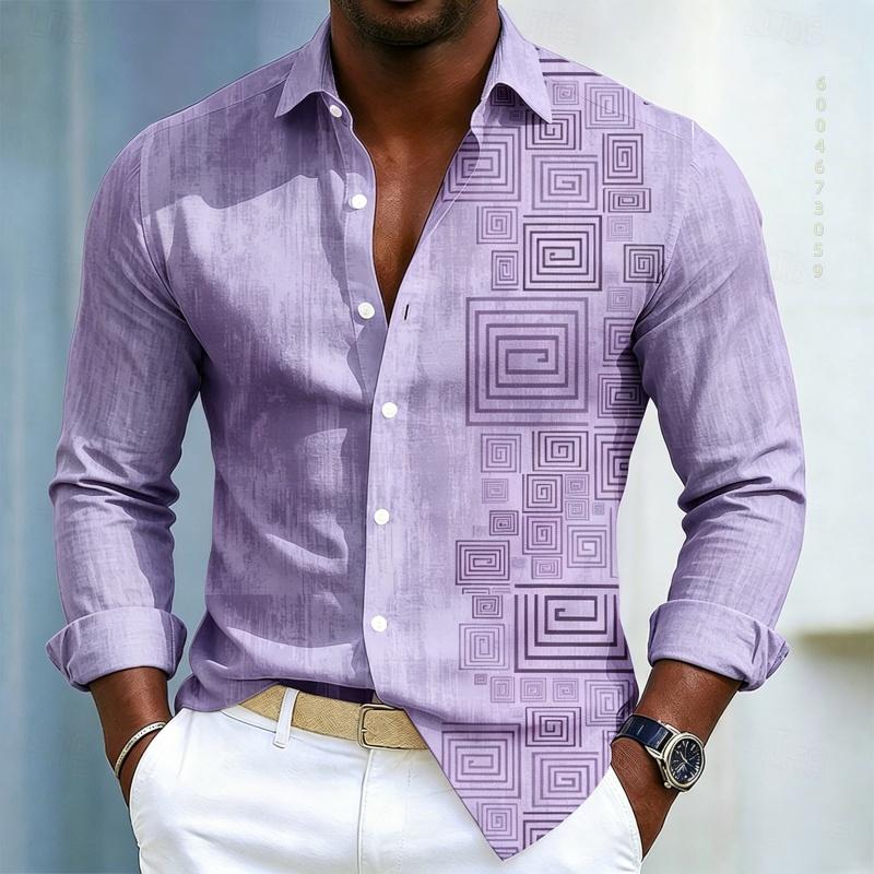 Herrenhemd mit geometrischem Musterdruck, Langarmhemd für Herren, Schwarzes Slim Fit Hemd, Modisches Design, Herrenbekleidung