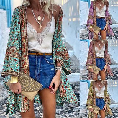 Women Cardigan Summer Open Front Bohemian Floral Printed Blouse Kimono Casual Loose Beach Tops Vintage Long Sleeve Blusas
