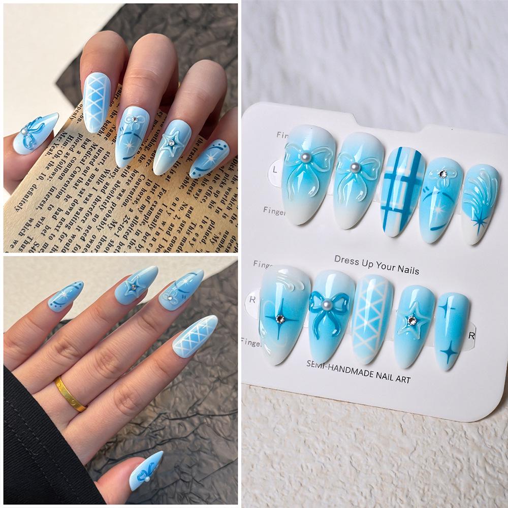 Gradient Almond Shape 3D Nail Art Stickers with Rhinestone Bow