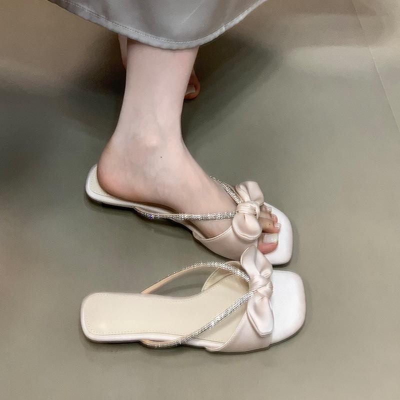 

Fashion Block Heel Temperament Rhinestone Slipper Outer Wear Summer Square Toe Open Toe Bow Non-Slip Wear-Resistant Sandals 35 розовый