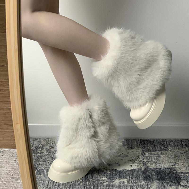 Fashion Winter Fuzzy Boots Women Furry Shoes Fluffy Fur Snow Boots Plush Lining Slip-on Rubber Flat Outdoor Bowtie Warm Ladies Footwear