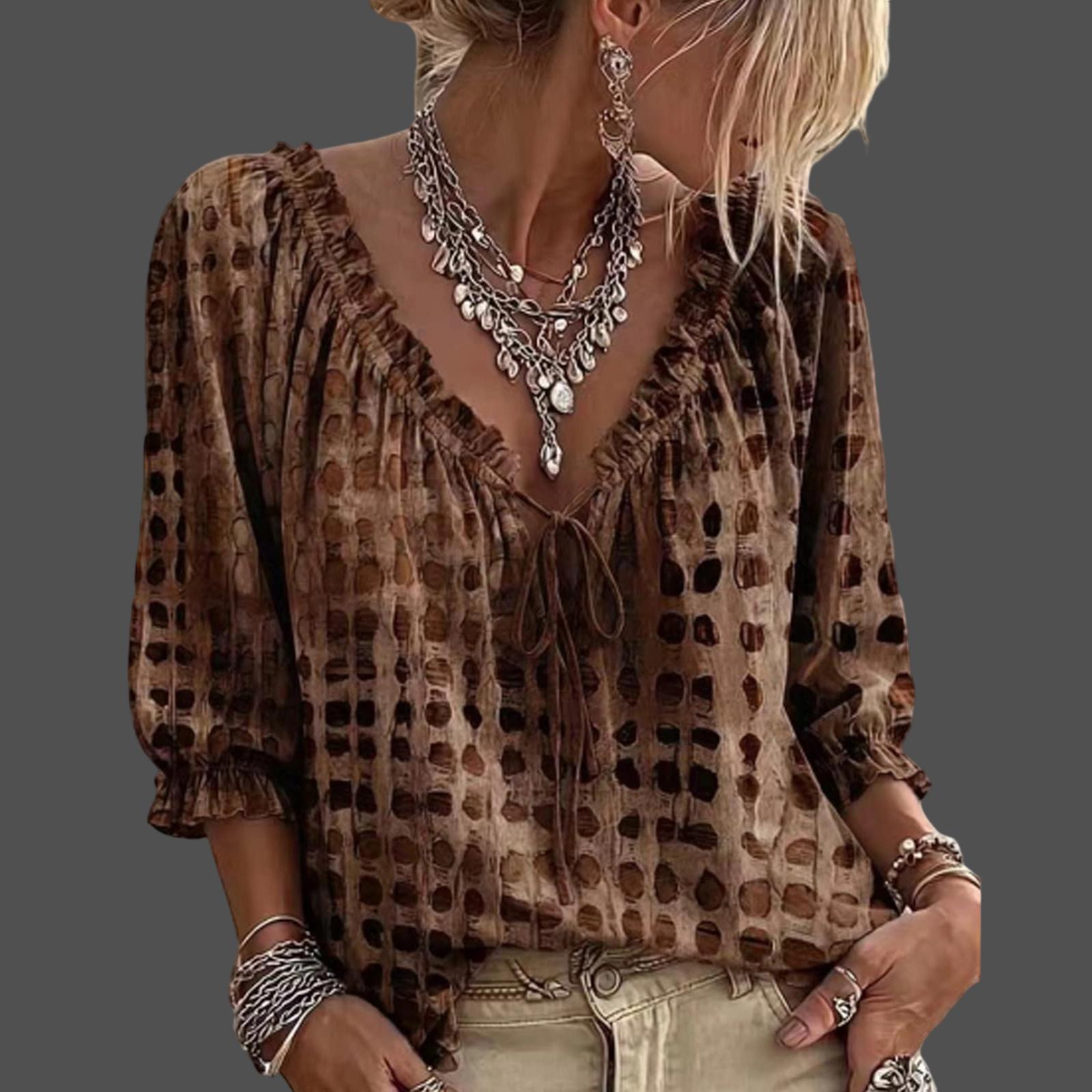 Dot pattern, tie-edge ruffled V-neck bow-front women s blouse M