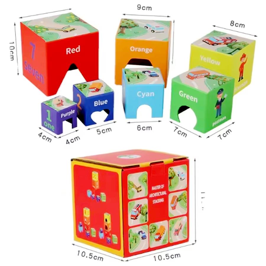 

Kids Educational 7 PCS Stacking Learning Boxes Color Number Fruit Shape Traffic Cognition Toddler Montessori Building Blocks Toy