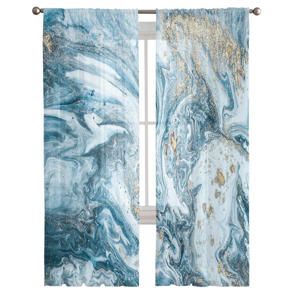 Marble Blue And Gold Abstract Sheer Voile Window Curtains Tulle Curtains Living Room Balcony Decoration Drapes