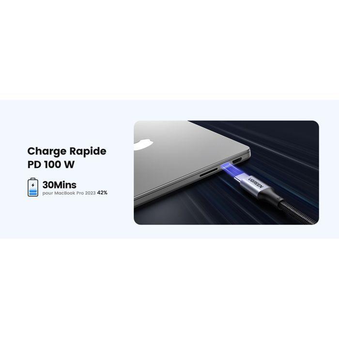 Câble USB-C - UGREEN - Câble renforcé type C vers C - 1 m - 100W - Noir