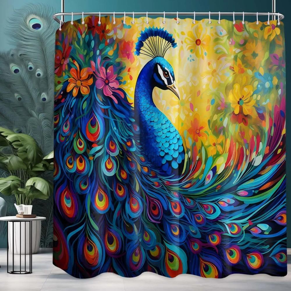Peacock Printed Shower Curtain Blue Bird Watercolor Feather Floral Art For Bathroom Decor