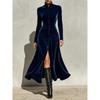2026 Fall Winter Solid Button Long Sleeve Stand Collar Slit Elegant Dress Women