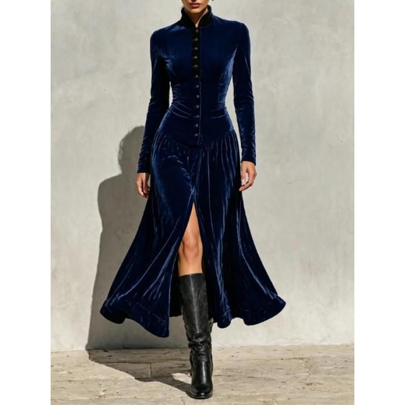 2026 Fall Winter Solid Button Long Sleeve Stand Collar Slit Elegant Dress Women