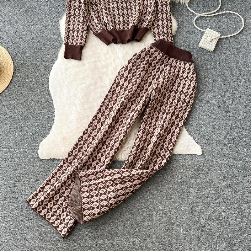 Invierno Vintage Elegante Nuevo Conjunto de 2 Piezas Mujer Estilo Americano Retro Slim Trajes de Pantalón Femenino Estampado Cintura Alta Casual Conjuntos 2024