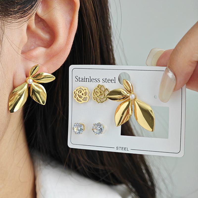 Stainless Steel Leaf Flower Zircon Heart Satr Earrings For Women Bohemia Vintage French Jewelry Gifts Wholesale