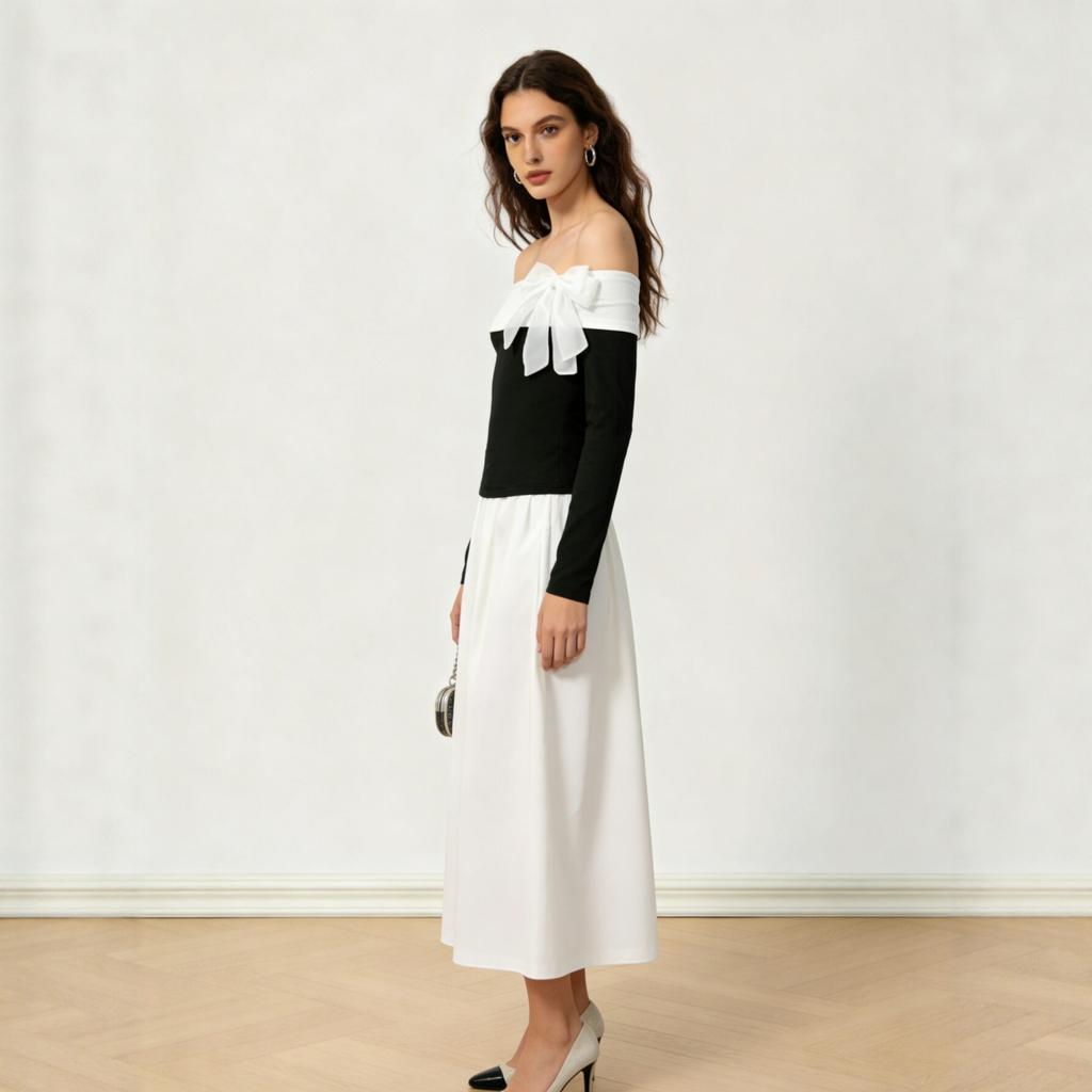 Popular, black and white contrasting colors, shoulder bow top, slim and thin long-sleeved bottoming shirt for women