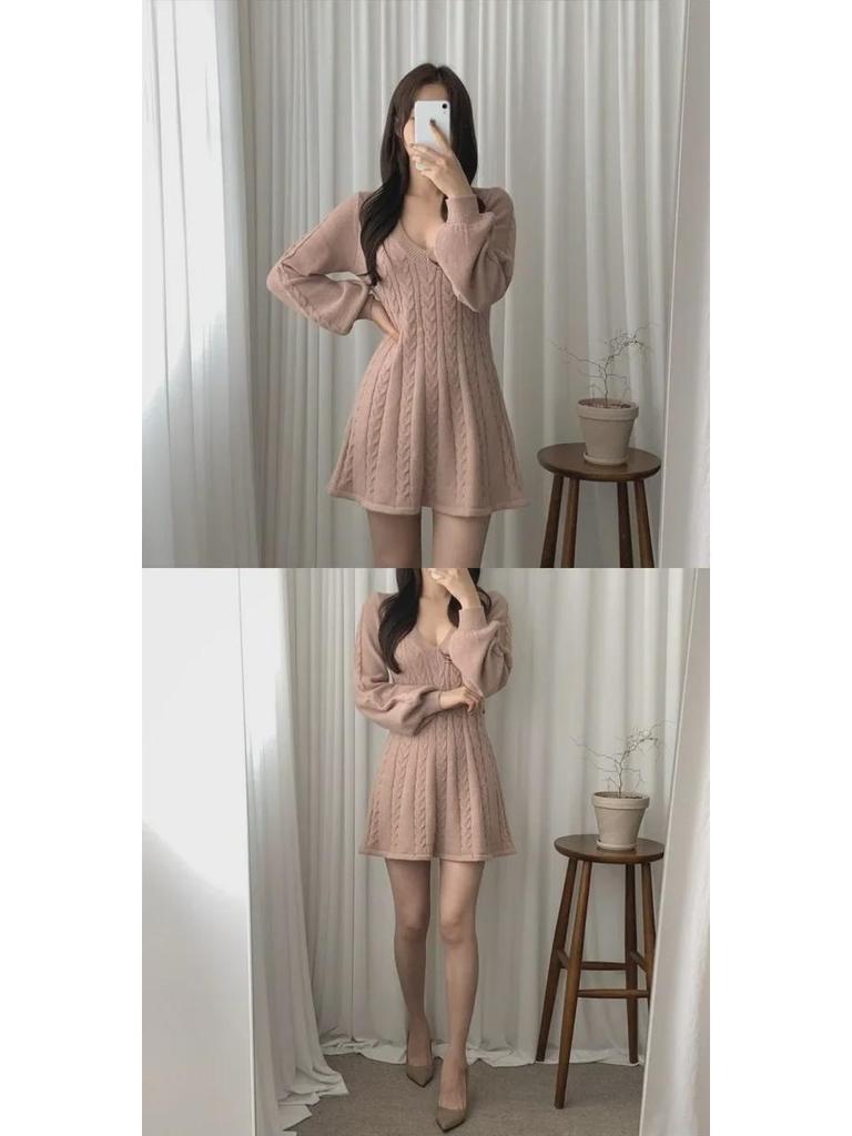 Korean Style Autumn/Winter 2024 Lantern Sleeve V-Neck Cinched Waist Knit Dress and Sweater Skirt
