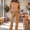 Women's Round Neck Long Sleeve Pajama Set with Drawstring Wide Leg Pants for Sleepwear Loungewear