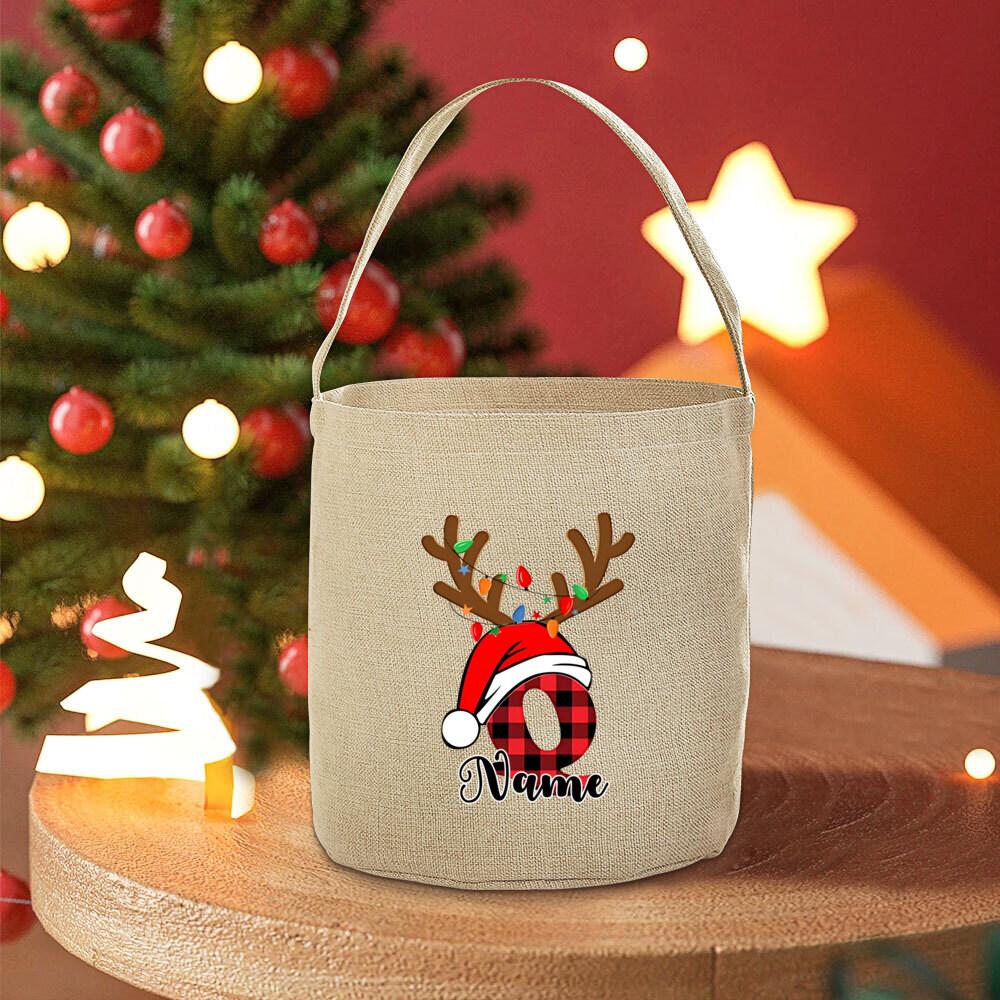 

Christmas Theme Custom Name Bucket Bag 26 Letter Candy Bag Big Capacity Tote Canvas Bags Christmas Gift 20 X 28cm