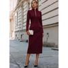 Womens High-Waist Long Sleeve Fitted Midi Dress With Stand Collar Pure Color Office Elegant Party